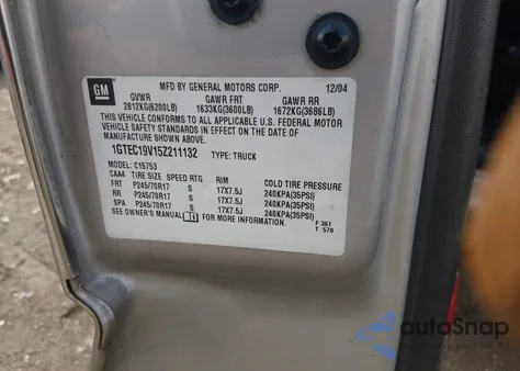 2005 GMC Sierra 1500 Sle z USA, uszkodzony, nr VIN 1GTEC19V15Z211132